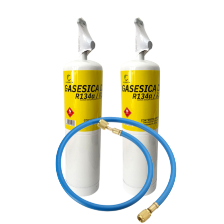 Pack 2 Gasica D-2 400g | Sustituto R134a R12 Equivalente a 2kg | Incluye Válvula y Manguera | Gas Orgánico Ecológico HC