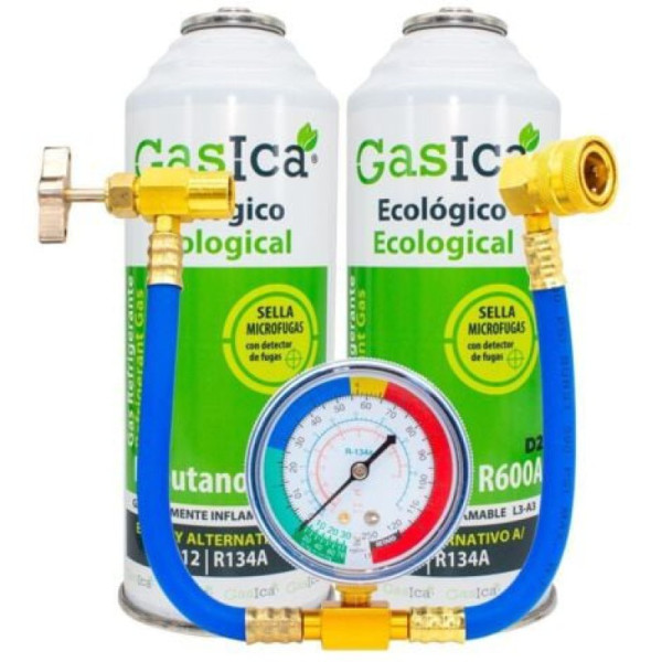 Kit Recarga Gasica D2 Coches | 2x226g Sustituto R134a R12 | Manguera, Manómetro y Adaptador | Gas Ecológico Alta Eficiencia