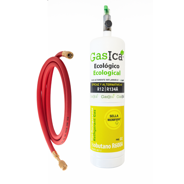 Gasica D2 PRO 400g | Sustituto R134a R12 | Con Válvula y Manguera | Sella Fugas y Trazador Verde | Gas Ecológico HC
