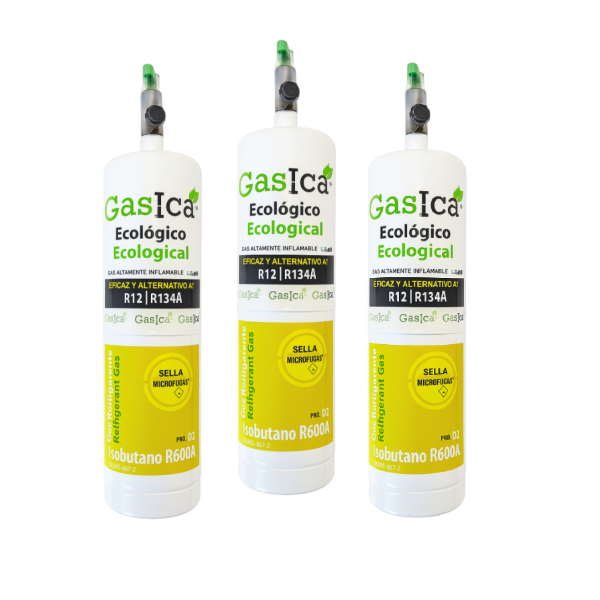 Pack 3 Gasica D2 PRO 400g | Sustituto R134a R12 | Sella Fugas y Trazador Verde | Gas Ecológico HC | Válvula 1/4 SAE