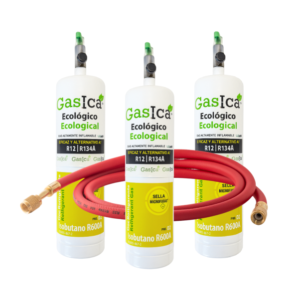 Pack 3 Gasica D2 PRO 400g | Sustituto R134a R12 | Incluye Válvula y Manguera | Refrigerante Orgánico Profesional 1,2kg