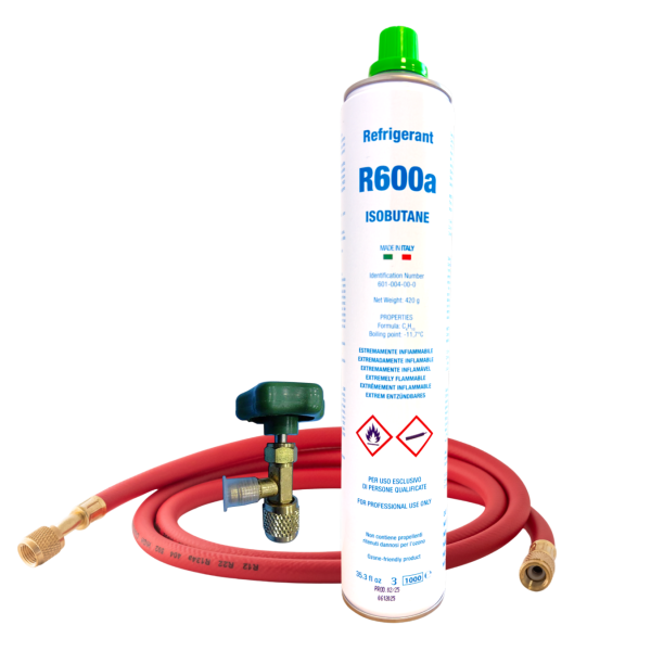 ENVASE GAS R600 ISOBUTANO REFRIGERANTE 420gr + VALVULA + MANGUERA