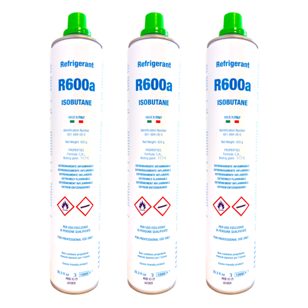 Pack 3 Gas R600a Isobutano 420g | Rosca 7/16" | Refrigerante Ecológico para Frigoríficos | Suministro Profesional 1,26kg
