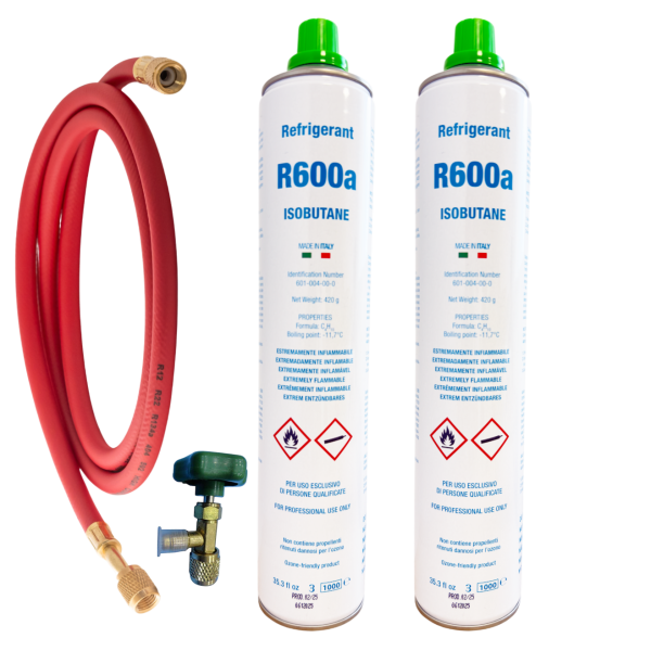 2 ENVASES GAS R600 ISOBUTANO REFRIGERANTE 420gr + VALVULA
