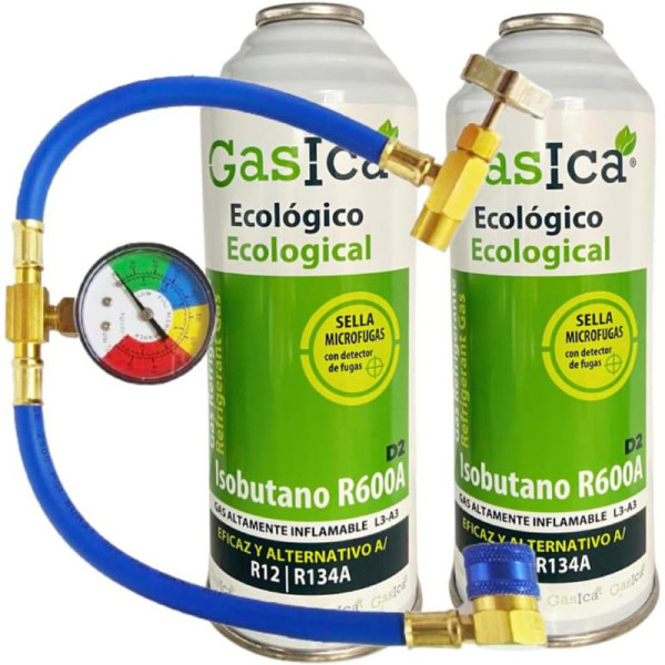 Kit Recarga Gasica D2 Coches | 2x226g Sustituto R134a R12 | Manguera, Manómetro y Adaptador | Gas Ecológico con Trazador