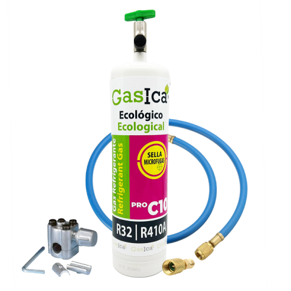 GASICA C10 PRO 400g | Sustituto R410A R32 | Kit con Válvula, Manguera, Adaptador 5/16 | Gas Ecológico de Alta Eficiencia