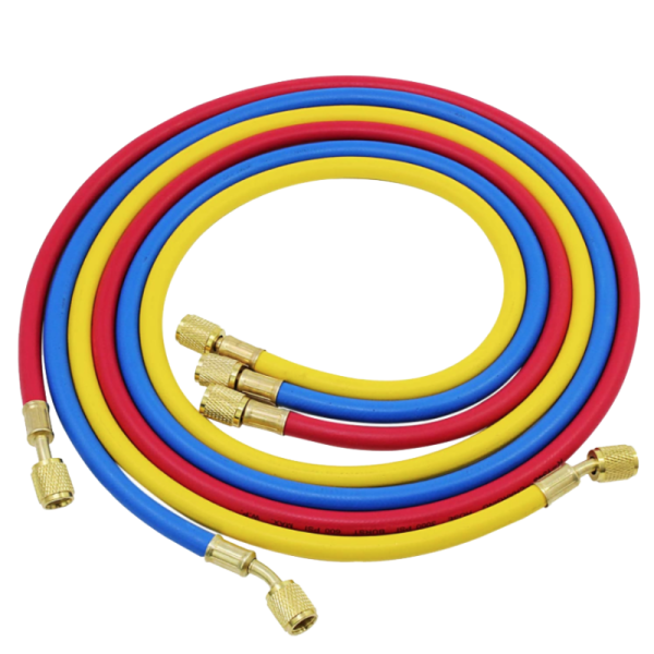 Set 3 Mangueras Carga R410A 90cm | Conexión 1/4"H x 5/16"H | Con Depresor | Kit Profesional Alta Presión