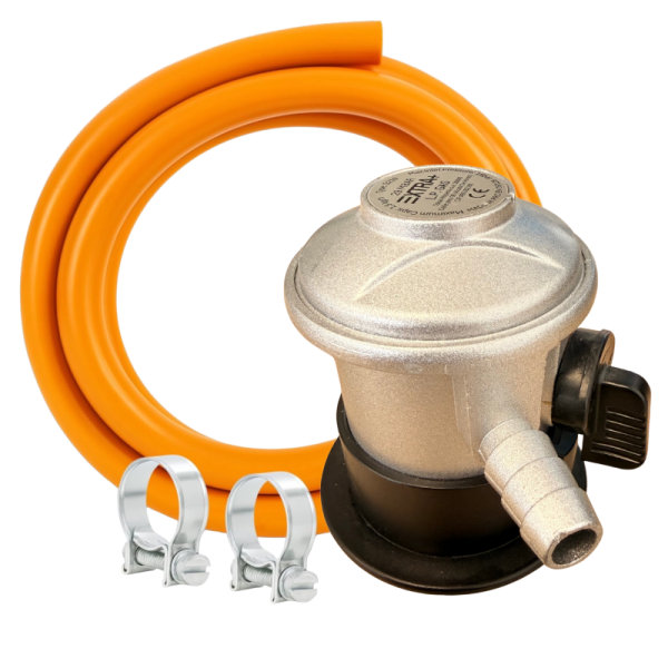 Kit de Instalación de Gas Butano/Propano | Regulador 29 mbar, Manguera 1.5m y Abrazaderas (Uso Doméstico y Exterior)