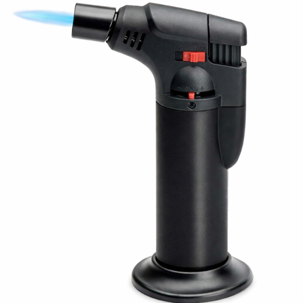 Soplete de Gas Profesional Llama Azul Ajustable, Encendido Piezoeléctrico, Recargable con Base y Seguro, Negro