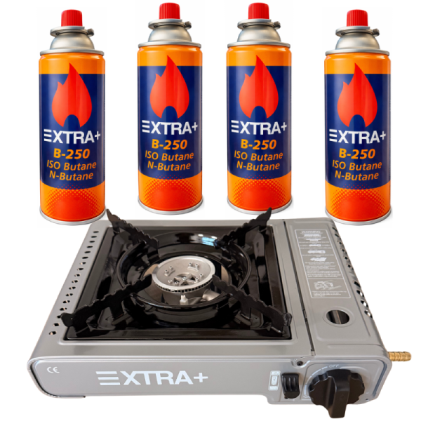 Pack Cocina Camping Gas DUAL + 4 Cartuchos B-250 | Compatible Botella Butano y Cartucho | Hornillo Portátil con Maletín