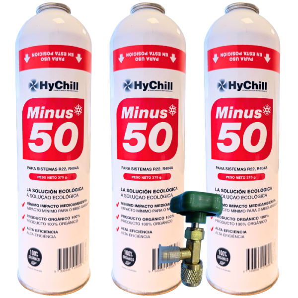 Pack 3 HYCHILL Minus 50 375g | Refrigerante Orgánico | Sustituto R22 R404 R407C R502 | Alta Eficiencia para Frío Industrial