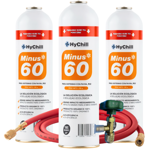 3 Envases + Llave + Manguera Minus 60 Compatible R410 y R32 Refrigerante Orgánico - 995 ml 350 g - Uso Profesional Climatización