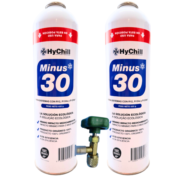 PACK AHORRO 2 ENVASES GAS REFRIGERANTE ORGÁNICO ECOLÓGICO SUSTITUTO R134A R12 HYCHILL MINUS 30 + VALVULA CARGA
