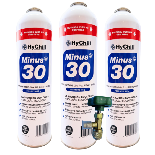 Pack 3 Gas Minus 30 Ecológico 995ml + Llave de Carga | Sustituto R134a R12 R1234yf | 1,2kg Refrigerante Orgánico Profesional
