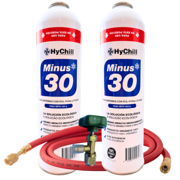 Pack 2 Gas Minus 30 Ecológico 995ml | Sustituto R134a R12 R1234yf | Incluye Llave y Manguera | 850g Refrigerante Orgánico