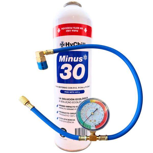 Minus 30 Refrigerante con Manómetro | 995ml 425gr | Gas Ecológico Aire Acondicionado y Automoción | Uso Profesional