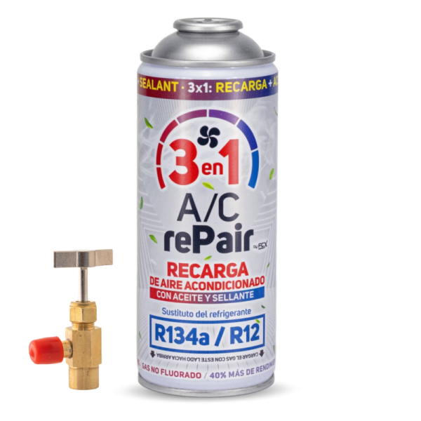 Recarga Aire Acondicionado 3 En 1 | Sustituto Ecológico R134a Y R12 | Gas Refrigerante + Sellante + Lubricante 200gr Con llave