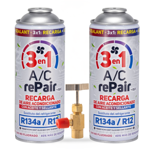 2 Recargas Aire Acondicionado 3 En 1 | Sustituto R134a Y R12 | Gas Refrigerante + Sellante + Lubricante 200gr Con llave