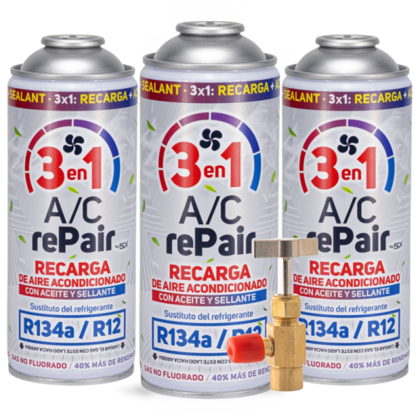 3 Recargas Aire Acondicionado 3 En 1 | Sustituto R134a Y R12 | Gas Refrigerante + Sellante + Lubricante 200gr Con llave