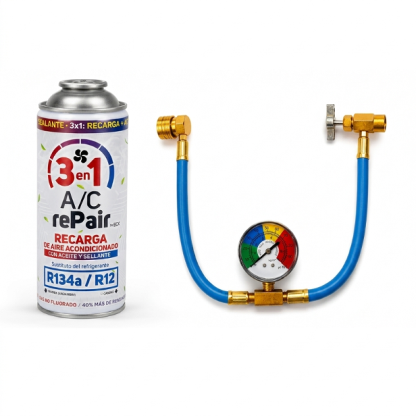 Recarga Aire Acondicionado 3 En 1 | Sustituto R134a Y R12 | Gas Refrigerante + Sellante + Lubricante 200gr Con Manómetro