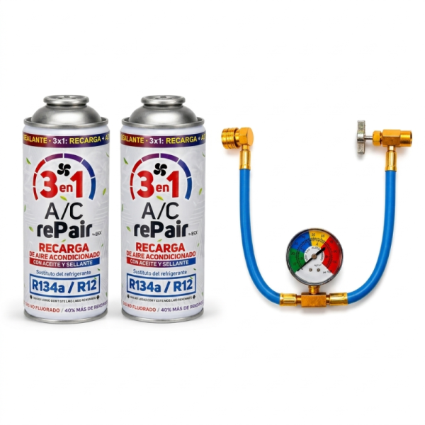 2 Recargas Aire Acondicionado 3 En 1 | Sustituto R134a Y R12 | Gas Refrigerante + Sellante + Lubricante 200gr Con Manómetro