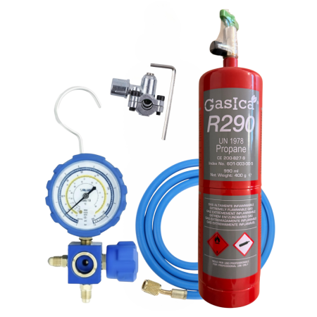 Kit Completo de Recarga Gas R290 (Propano) | DIY con Válvula Pincho | Incluye Manguera y 400g Gas | Sistema Ecológico