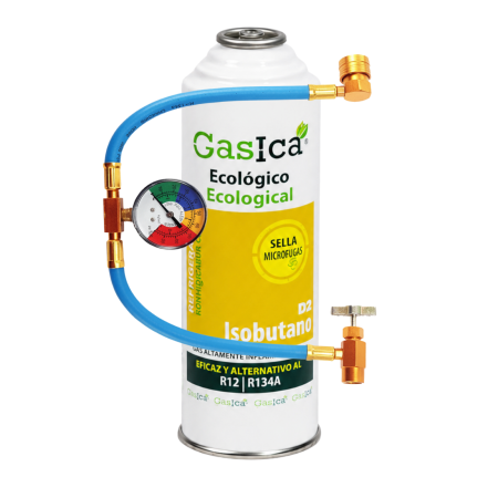 ENVASE GAS REFRIGERANTE ORGÁNICO ECOLÓGICO GASICA D2 226gr SUSTITUTO R12 R134A + KIT DE CARGA MANOMETRO