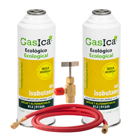 2 ENVASES GAS ECOLOGICO GASICA D2 312gr SUSTITUTO R12 R134A + VALVULA + MANGUERA