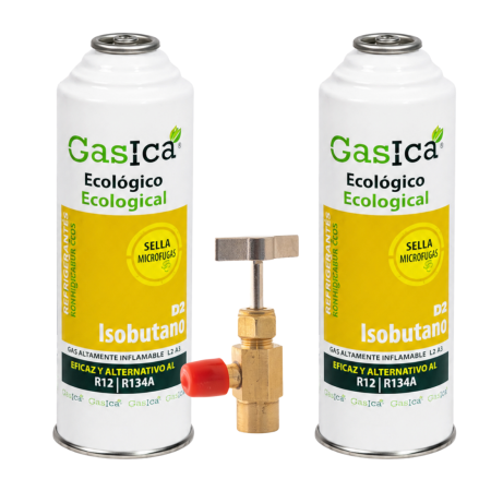 Pack 2 Gasica D2 226g | Sustituto R134a R12 | Sella Fugas y Trazador Verde | Gas Ecológico HC | Incluye Válvulas