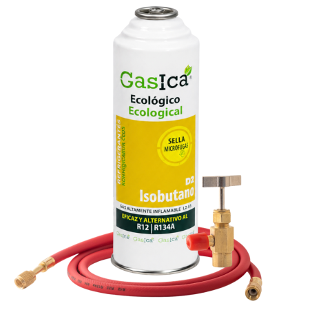 ENVASE GAS ECOLOGICO GASICA D2 312gr SUSTITUTO R12 R134A + VALVULA + MANGUERA
