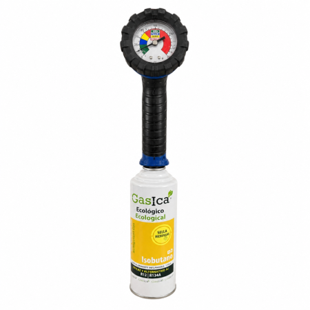 Gasica D2 Isobutano | Refrigerante Ecológico | Con Manómetro | Sella Microfugas | 226g (Equivale a 680g R12 / 590g R134a)