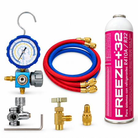 Kit de Recarga con Gas Refrigerante Ecológico Freeze+32 (350g neto) | Equivalente a 800g de R32/R410A | Incluye Manómetro