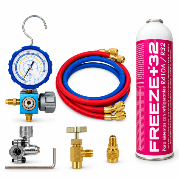 Kit de Recarga con Gas Refrigerante Ecológico Freeze+32 (350g neto) | Equivalente a 800g de R32/R410A | Incluye Manómetro