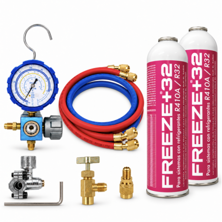 Kit de Recarga con 2 Botellas de Gas Ecológico Freeze+32 (700g neto) | Equivalente a 1.6kg de R32/R410A | Incluye Manómetro