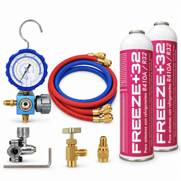 Kit de Recarga con 2 Botellas de Gas Ecológico Freeze+32 (700g neto) | Equivalente a 1.6kg de R32/R410A | Incluye Manómetro