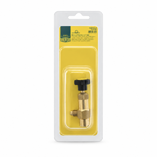 Válvula con Depresor REFCO | Hembra 7/16" a Macho 1/4" SAE | Para Gases Minus y Envases de R600 | Calidad Suiza