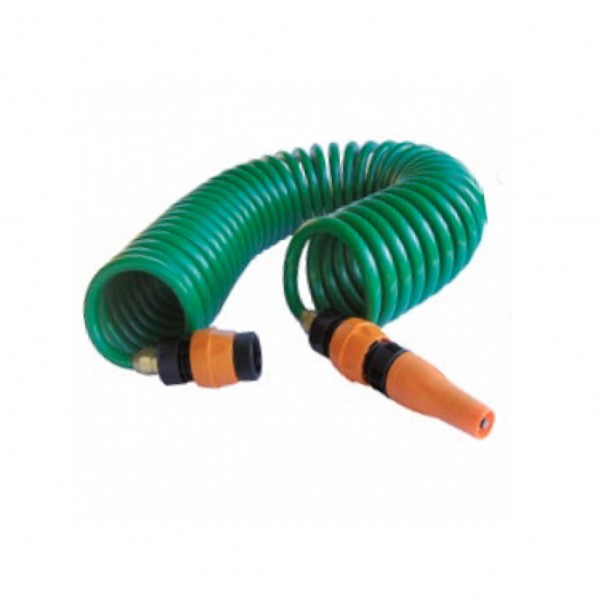 KIT RIEGO JARDIN MANGUERA ESPIRAL 10m TOMA GRIFO Y LANZA REGULABLE