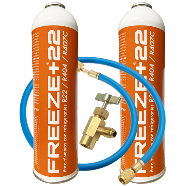 2 ENVASES GAS ORGÁNICO ECOLÓGICO FREEZE +22 SUSTITUTO R404 R407 R22 1000gr + VALVULA + MANGUERA