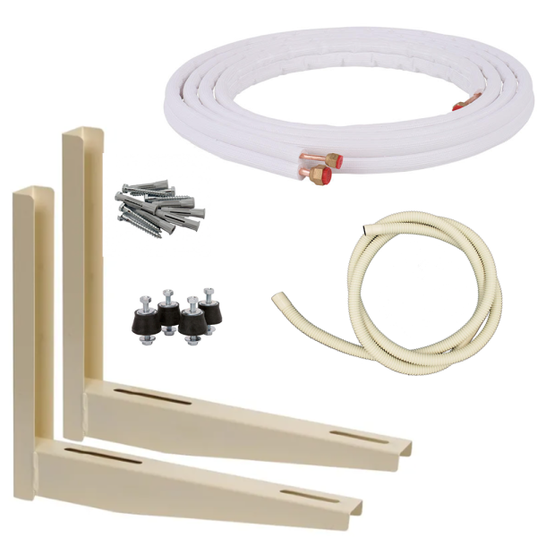 Kit Instalación Aire Acondicionado 3m | Cobre 1/4" + 1/2" con Tuercas | Soporte 400mm, Silentblocks y Desagüe | Kit Completo