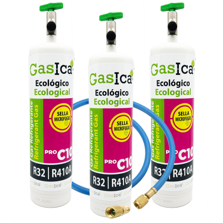 Pack 3 GASICA C10 PRO 400g | Sustituto R410A R32 | Kit con Válvula, Manguera y Adaptador | Gas Ecológico de Alta Eficiencia