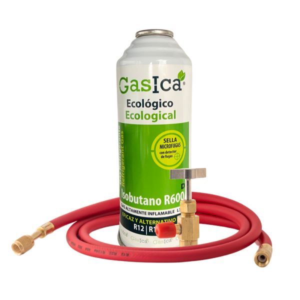 ENVASE GAS ECOLOGICO GASICA D2 312gr SUSTITUTO R12 R134A + VALVULA + MANGUERA