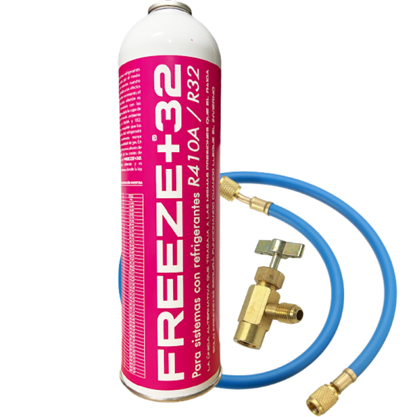 ENVASE GAS ORGÁNICO ECOLÓGICO FREEZE +32 SUSTITUTO R410A R32 800gr +VALVULA+MANGUERA