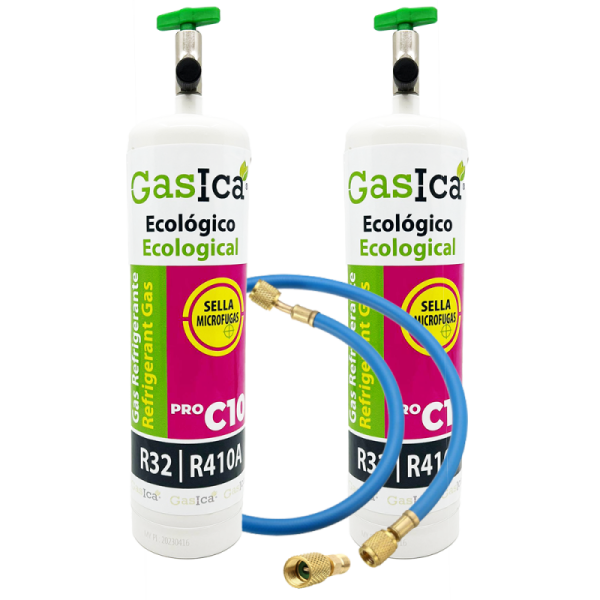 Pack 2 GASICA C10 PRO 400g | Sustituto R410A R32 | Kit con Válvula, Manguera y Adaptador 5/16 | Gas Ecológico Profesional