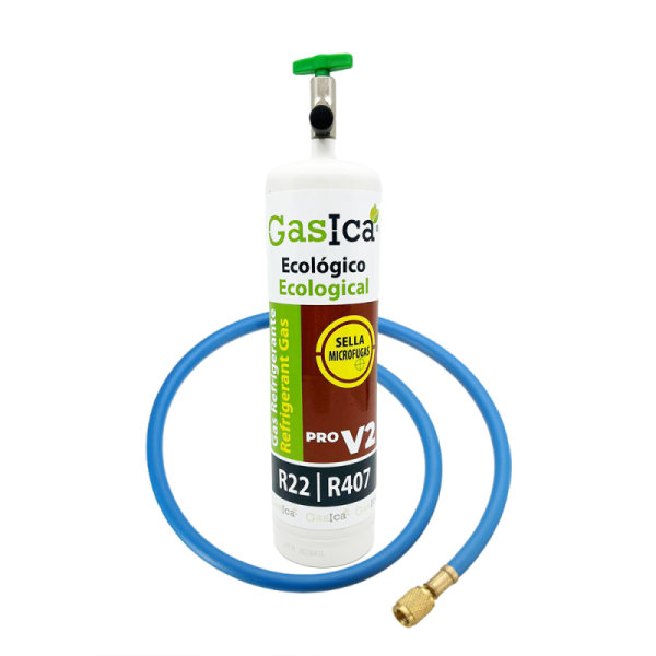 ENVASE GAS REFRIGERANTE ECOLÓGICO ORGÁNICO GASICA V2 PRO EQUIVALE A 800gr SUSTITUTO R407C R22 + VÁLVULA + MANGUERA