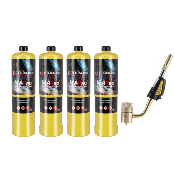 Kit Soplete Piezoeléctrico + 4 Cartuchos Gas MAPPRO 400g | 2200°C | Profesional Fontanería y Aire Acondicionado