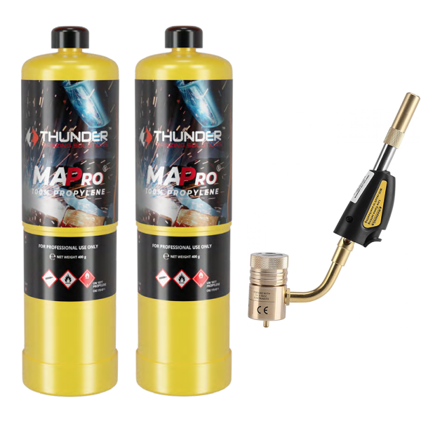 KIT SOPLETE + 2 ENVASES GAS MAPPRO 400gr CABEZAL ANTORCHA SOLDADURA CON PIEZOELÉCTRICO HERRAMIENTA FONTANERIA AIRE ACONDICIONADO