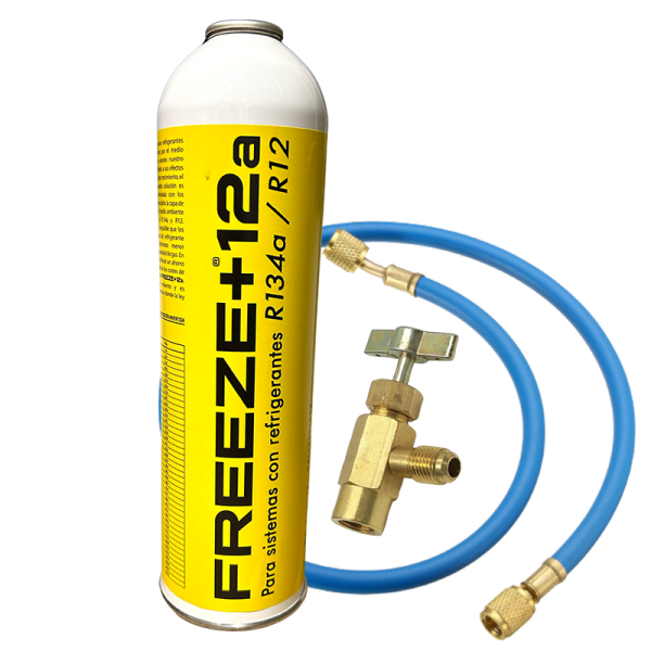 FREEZE +12A 420g | Sustituto Orgánico R134a R12 | Kit con Válvula y Manguera | Gas Ecológico de Alta Eficiencia | 1000ml