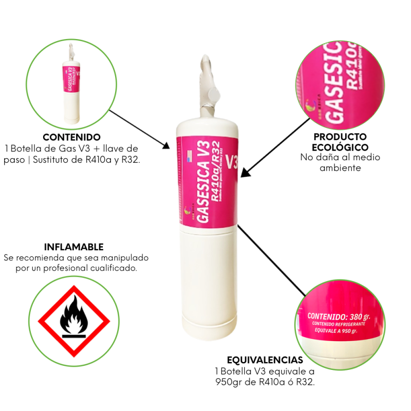 Gaz réfrigérant organique V3 Bouteille 380 g Compatible et substitut R410a R32 Recharge Climatiseur Type Split (1 bouteille tuyau adaptateur